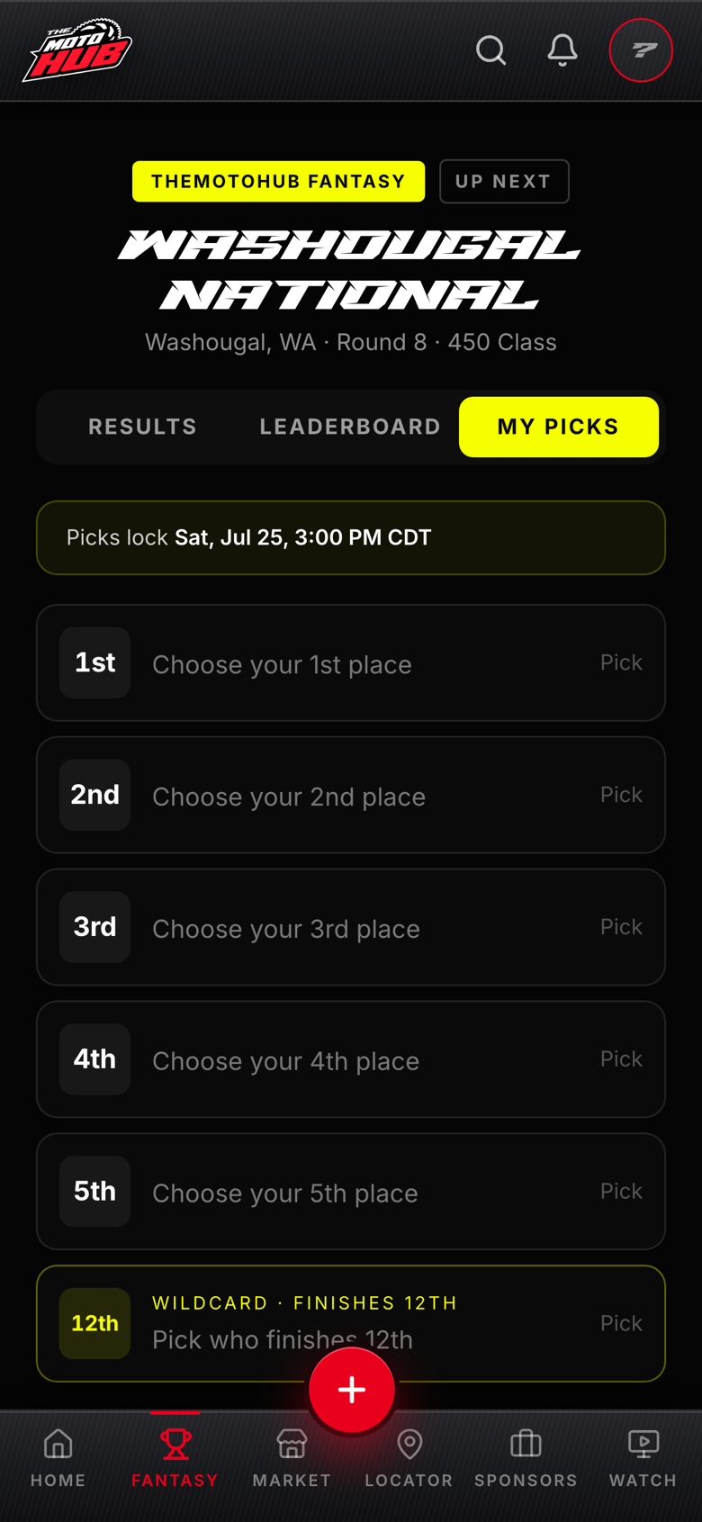 Fantasy picks screen
