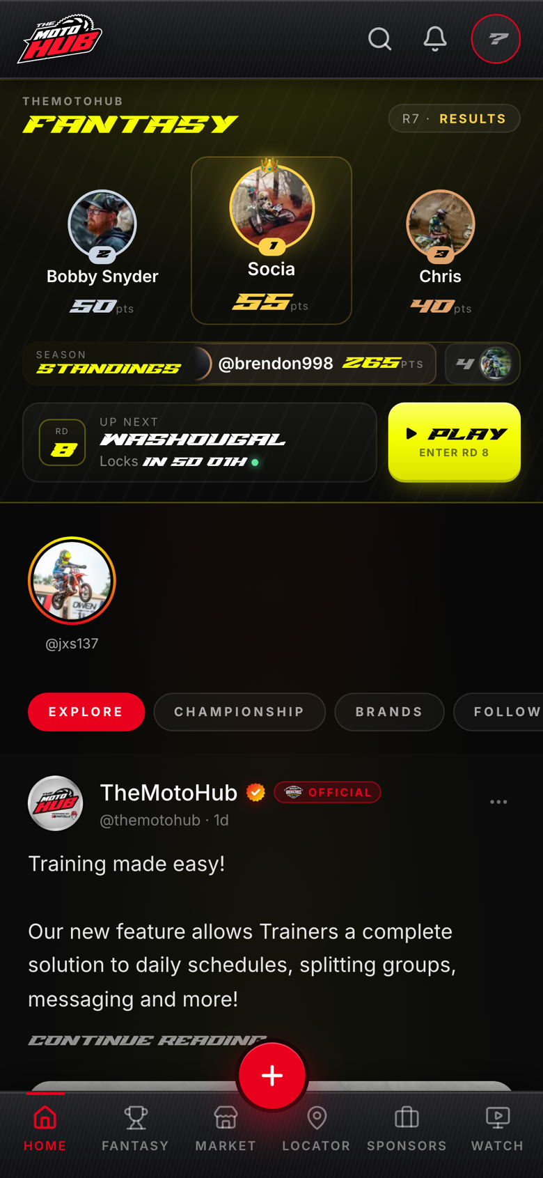 TheMotoHub home and feed screen