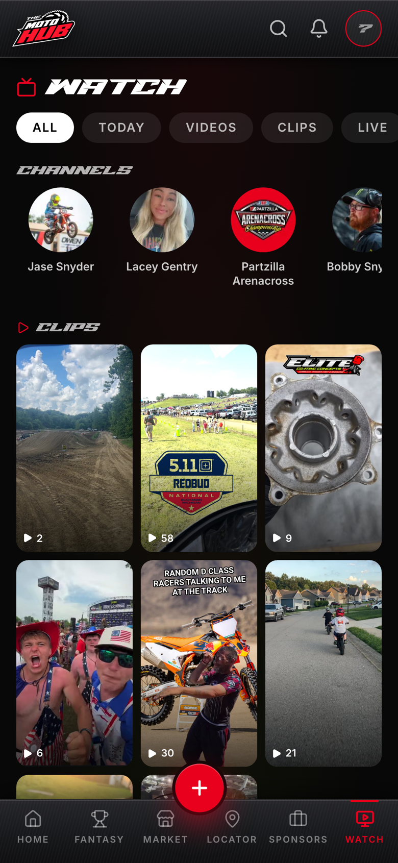 Watch — channels and clips screen